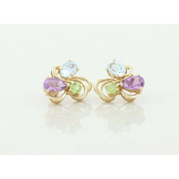 14k Yellow Gold Natural Amethyst, Topaz and Peridot Earrings Stud Post Earrings - Picture 1 of 8